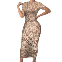 Pastel Brown Polynesia Short Sleeve Bodycon Dress Hawaiian Tribal Hammerhead Shark Tattoo LT14