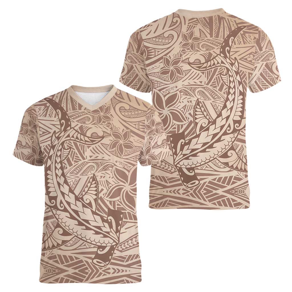 Pastel Brown Polynesia Women V-Neck T-Shirt Hawaiian Tribal Hammerhead Shark Tattoo LT14 - Polynesian Pride