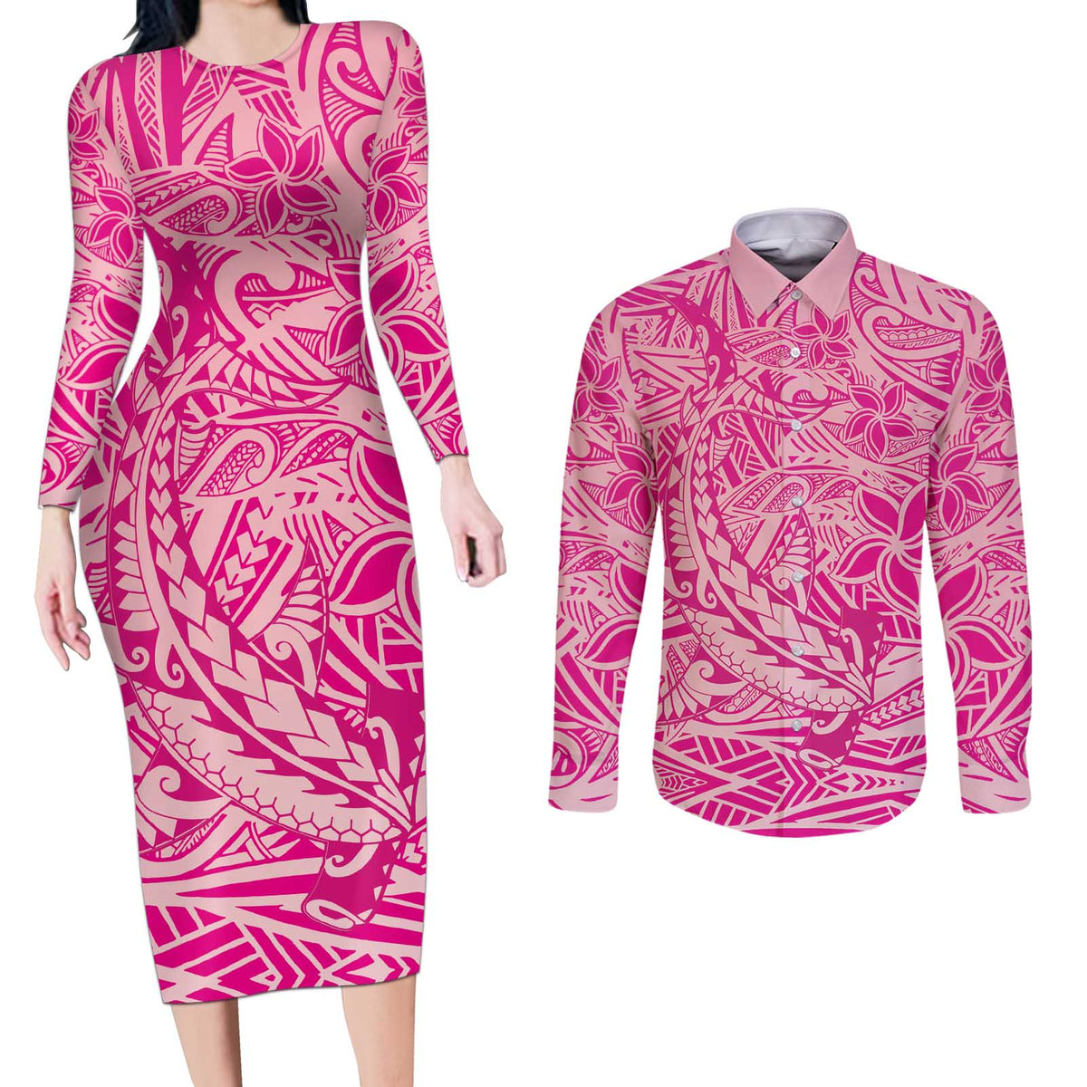 Beige Gradient Polynesia Couples Matching Long Sleeve Bodycon Dress and Long Sleeve Button Shirt Hawaiian Tribal Hammerhead Shark Tattoo LT14 Beige - Polynesian Pride