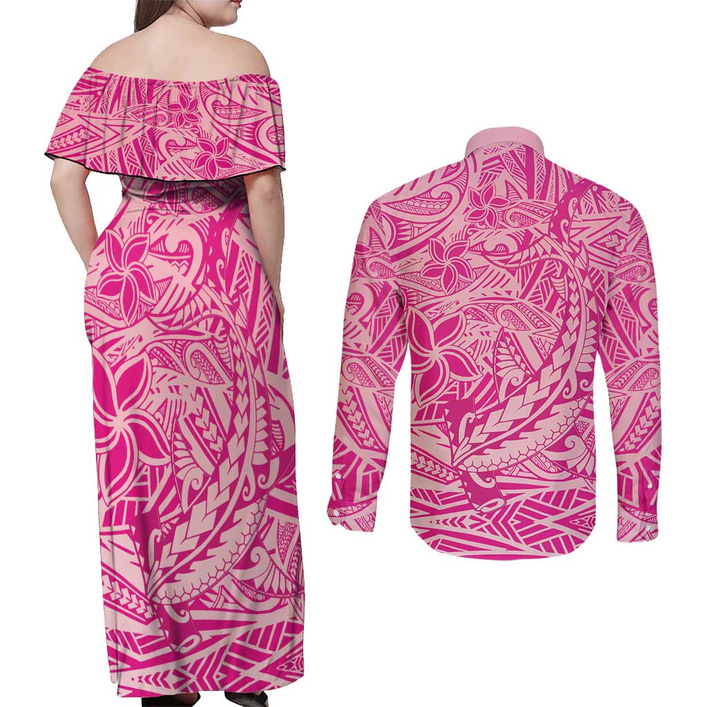 Beige Gradient Polynesia Couples Matching Off Shoulder Maxi Dress and Long Sleeve Button Shirt Hawaiian Tribal Hammerhead Shark Tattoo