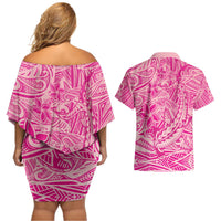 Beige Gradient Polynesia Couples Matching Off Shoulder Short Dress and Hawaiian Shirt Hawaiian Tribal Hammerhead Shark Tattoo LT14 - Polynesian Pride