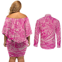 Beige Gradient Polynesia Couples Matching Off Shoulder Short Dress and Long Sleeve Button Shirt Hawaiian Tribal Hammerhead Shark Tattoo