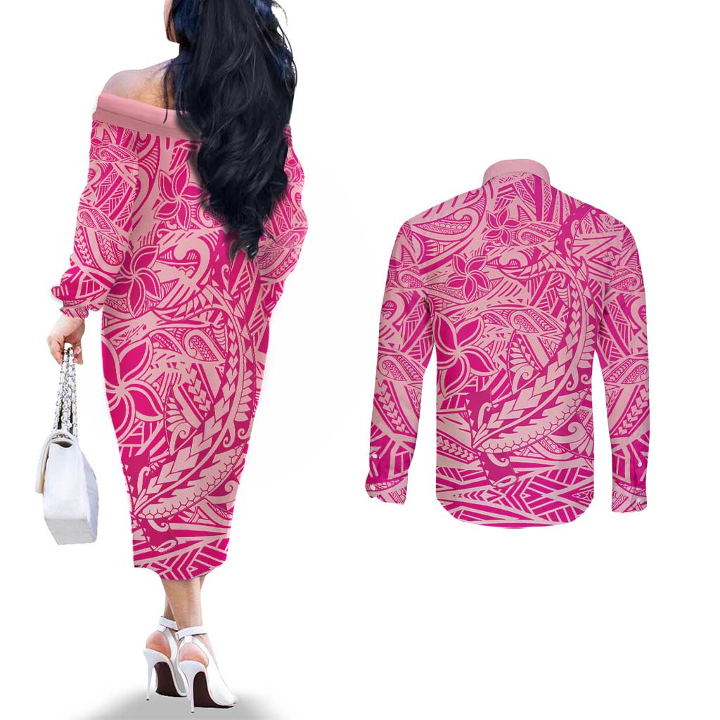 Beige Gradient Polynesia Couples Matching Off The Shoulder Long Sleeve Dress and Long Sleeve Button Shirt Hawaiian Tribal Hammerhead Shark Tattoo LT14 - Polynesian Pride
