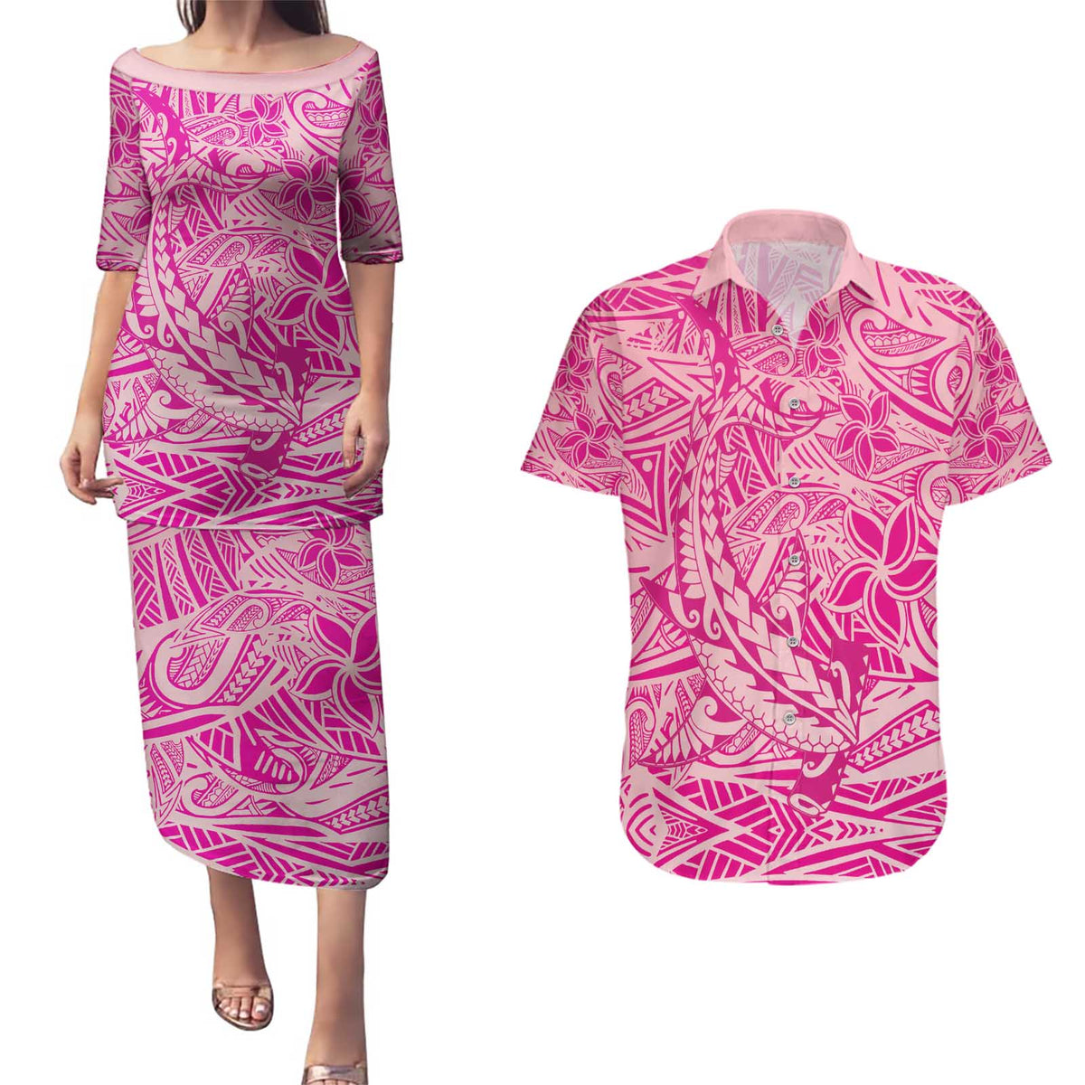 Beige Gradient Polynesia Couples Matching Puletasi and Hawaiian Shirt Hawaiian Tribal Hammerhead Shark Tattoo