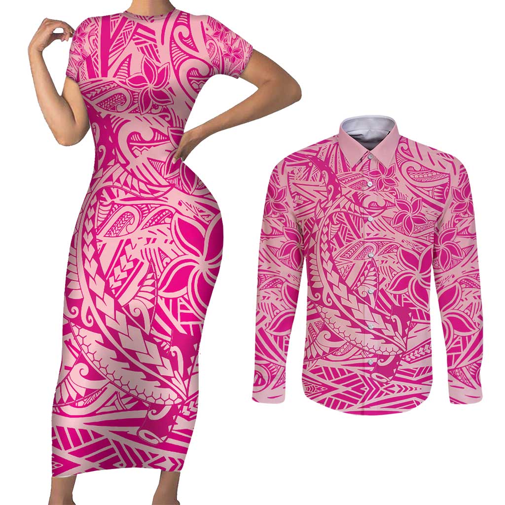 Beige Gradient Polynesia Couples Matching Short Sleeve Bodycon Dress and Long Sleeve Button Shirt Hawaiian Tribal Hammerhead Shark Tattoo LT14 Beige - Polynesian Pride