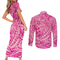 Beige Gradient Polynesia Couples Matching Short Sleeve Bodycon Dress and Long Sleeve Button Shirt Hawaiian Tribal Hammerhead Shark Tattoo LT14 - Polynesian Pride