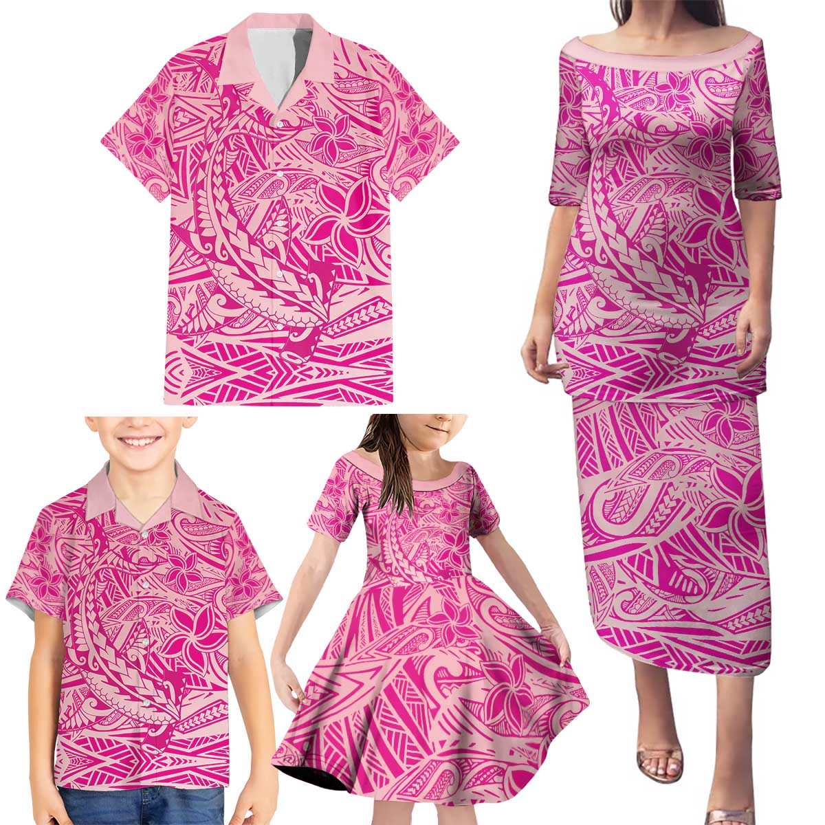 Beige Gradient Polynesia Family Matching Puletasi and Hawaiian Shirt Hawaiian Tribal Hammerhead Shark Tattoo LT14 - Polynesian Pride