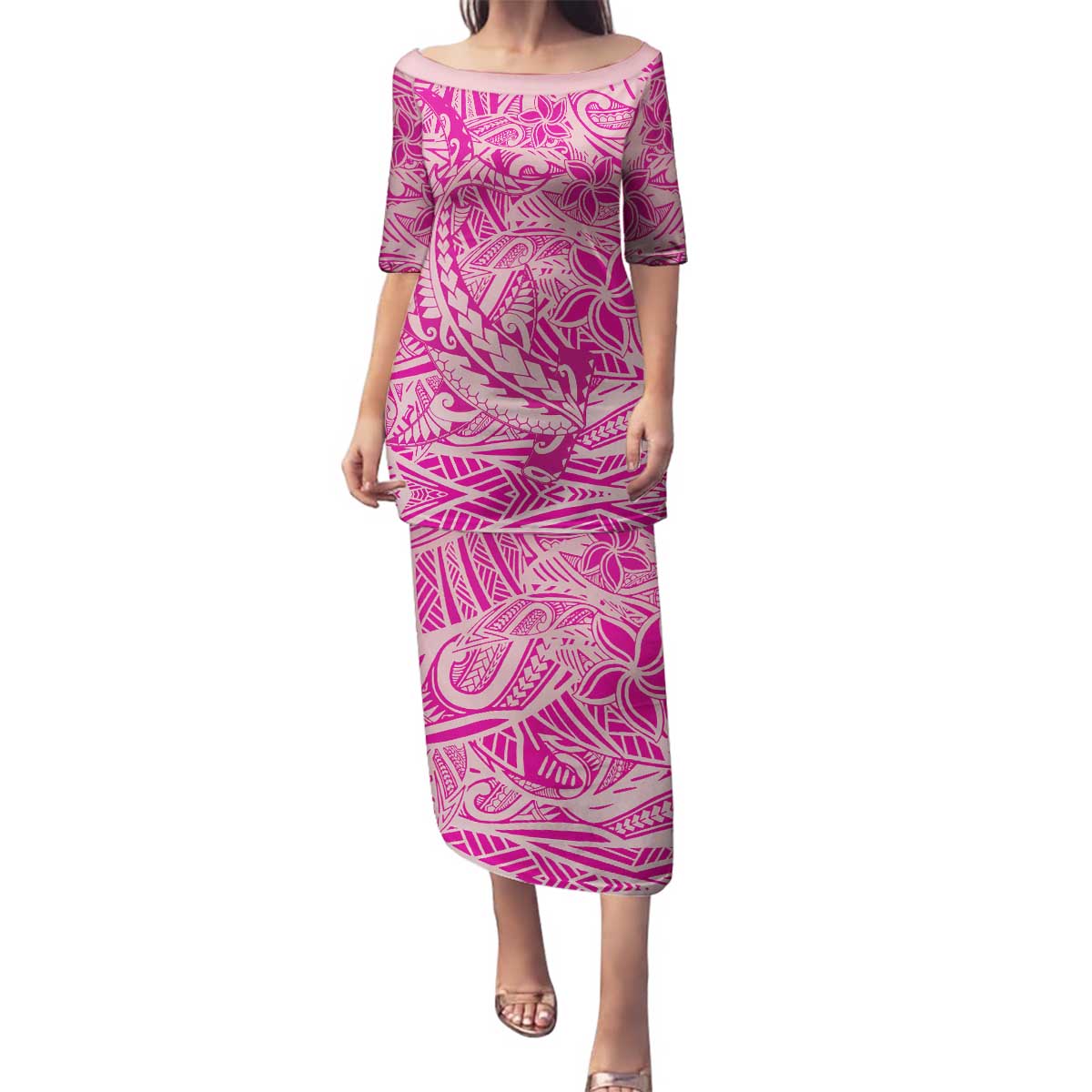 Beige Gradient Polynesia Family Matching Puletasi and Hawaiian Shirt Hawaiian Tribal Hammerhead Shark Tattoo LT14 Mom's Dress Beige - Polynesian Pride