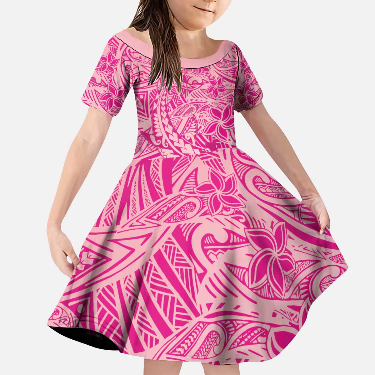 Beige Gradient Polynesia Kid Short Sleeve Dress Hawaiian Tribal Hammerhead Shark Tattoo