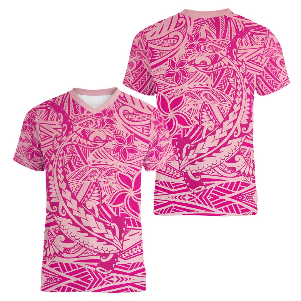 Beige Gradient Polynesia Women V-Neck T-Shirt Hawaiian Tribal Hammerhead Shark Tattoo