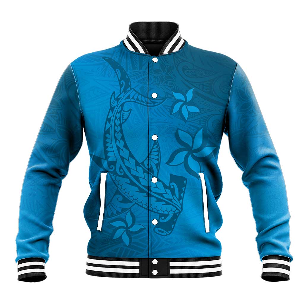 Blue Gradient Polynesia Baseball Jacket Hawaiian Tribal Hammerhead Shark Tattoo LT14 Unisex Blue - Polynesian Pride
