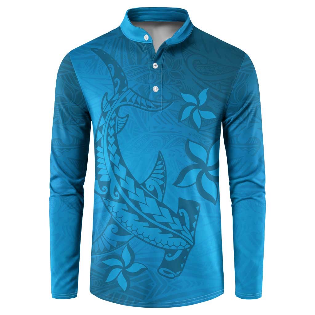 Blue Gradient Polynesia Button Sweatshirt Hawaiian Tribal Hammerhead Shark Tattoo