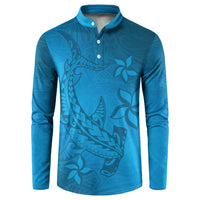 Blue Gradient Polynesia Button Sweatshirt Hawaiian Tribal Hammerhead Shark Tattoo