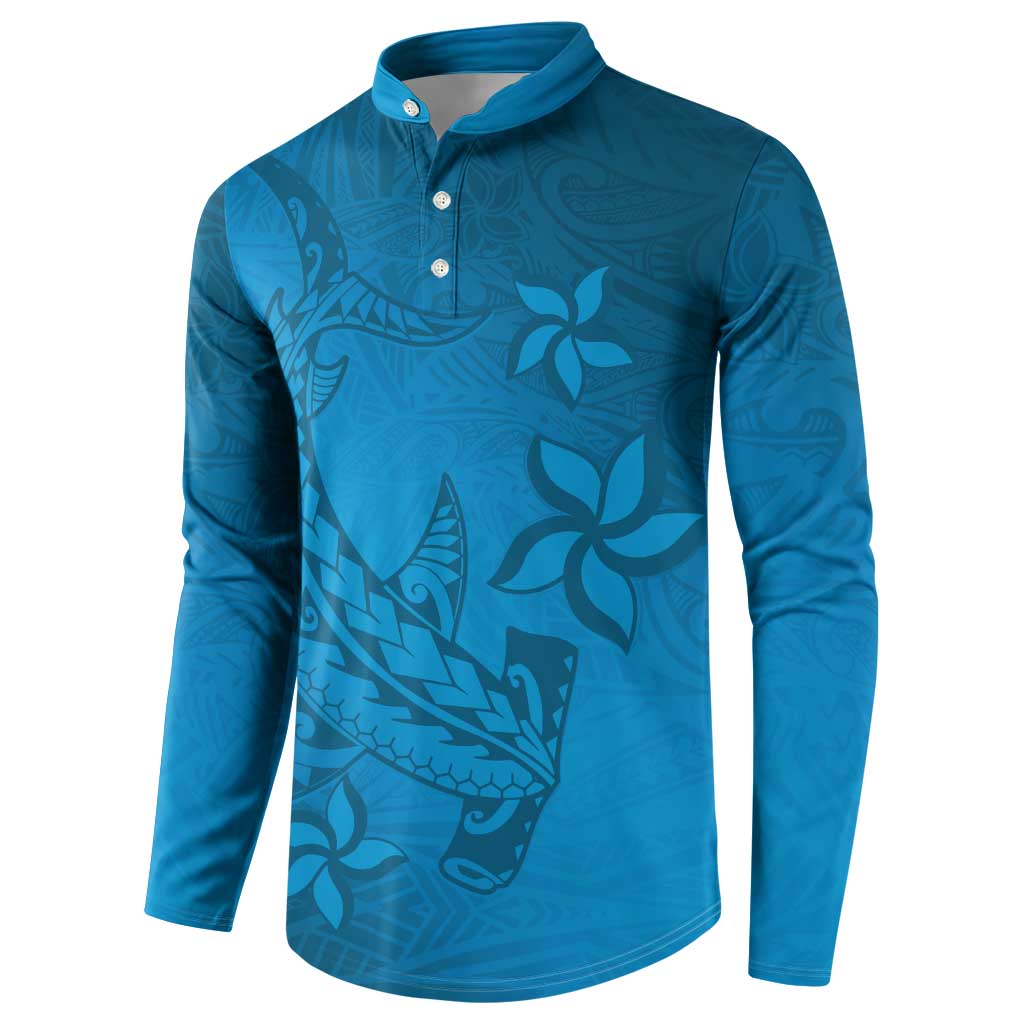 Blue Gradient Polynesia Button Sweatshirt Hawaiian Tribal Hammerhead Shark Tattoo