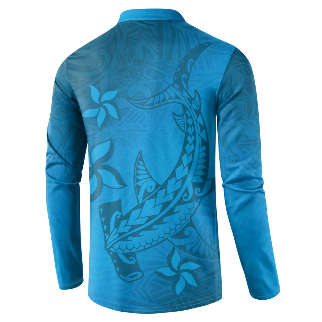 Blue Gradient Polynesia Button Sweatshirt Hawaiian Tribal Hammerhead Shark Tattoo