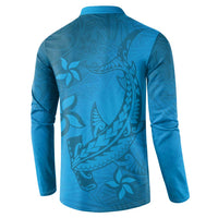 Blue Gradient Polynesia Button Sweatshirt Hawaiian Tribal Hammerhead Shark Tattoo