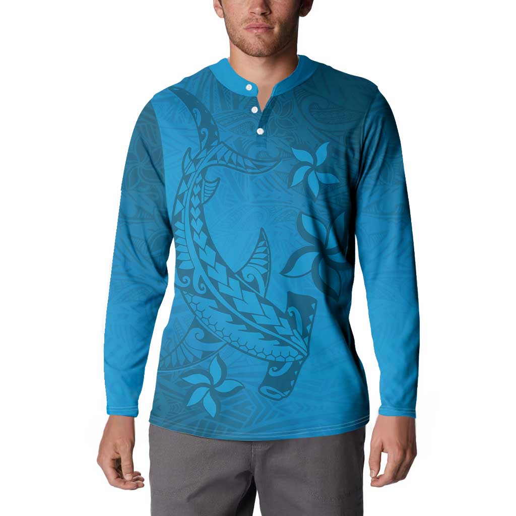 Blue Gradient Polynesia Button Sweatshirt Hawaiian Tribal Hammerhead Shark Tattoo