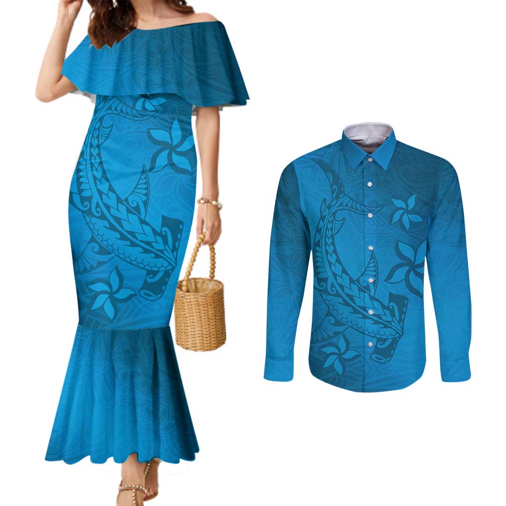 Blue Gradient Polynesia Couples Matching Mermaid Dress and Long Sleeve Button Shirt Hawaiian Tribal Hammerhead Shark Tattoo