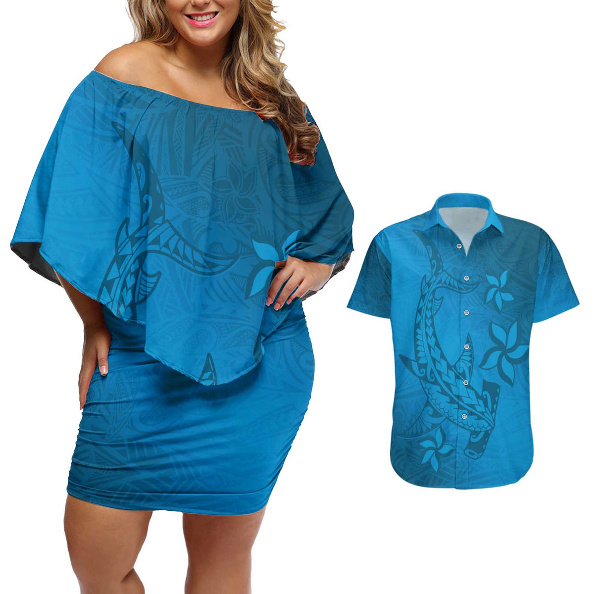 Blue Gradient Polynesia Couples Matching Off Shoulder Short Dress and Hawaiian Shirt Hawaiian Tribal Hammerhead Shark Tattoo