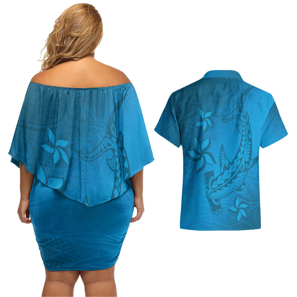 Blue Gradient Polynesia Couples Matching Off Shoulder Short Dress and Hawaiian Shirt Hawaiian Tribal Hammerhead Shark Tattoo