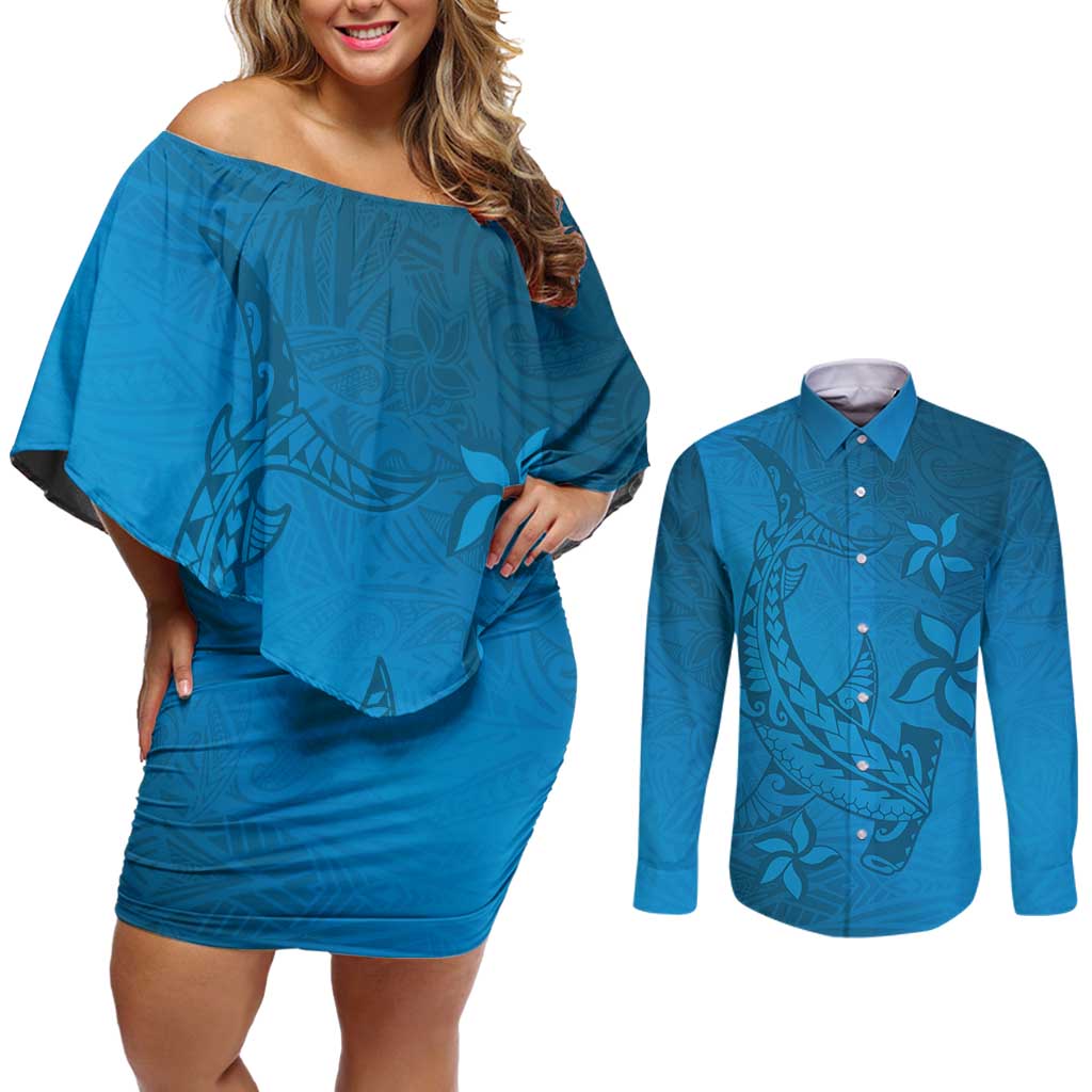 Blue Gradient Polynesia Couples Matching Off Shoulder Short Dress and Long Sleeve Button Shirt Hawaiian Tribal Hammerhead Shark Tattoo