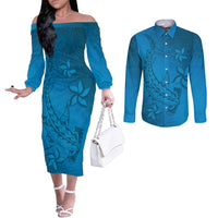 Blue Gradient Polynesia Couples Matching Off The Shoulder Long Sleeve Dress and Long Sleeve Button Shirt Hawaiian Tribal Hammerhead Shark Tattoo LT14 Blue - Polynesian Pride