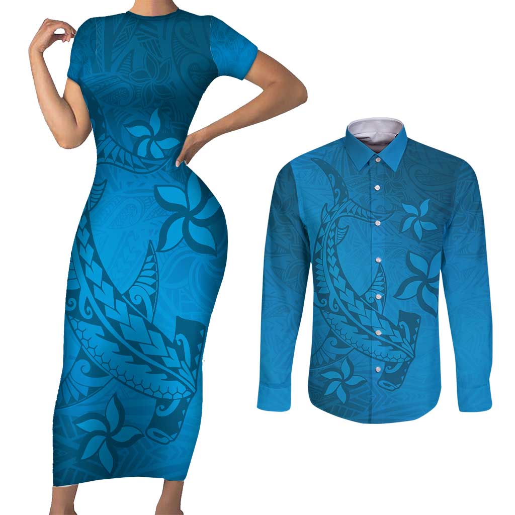 Blue Gradient Polynesia Couples Matching Short Sleeve Bodycon Dress and Long Sleeve Button Shirt Hawaiian Tribal Hammerhead Shark Tattoo LT14 Blue - Polynesian Pride