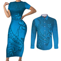 Blue Gradient Polynesia Couples Matching Short Sleeve Bodycon Dress and Long Sleeve Button Shirt Hawaiian Tribal Hammerhead Shark Tattoo LT14 Blue - Polynesian Pride