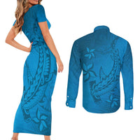Blue Gradient Polynesia Couples Matching Short Sleeve Bodycon Dress and Long Sleeve Button Shirt Hawaiian Tribal Hammerhead Shark Tattoo LT14 - Polynesian Pride