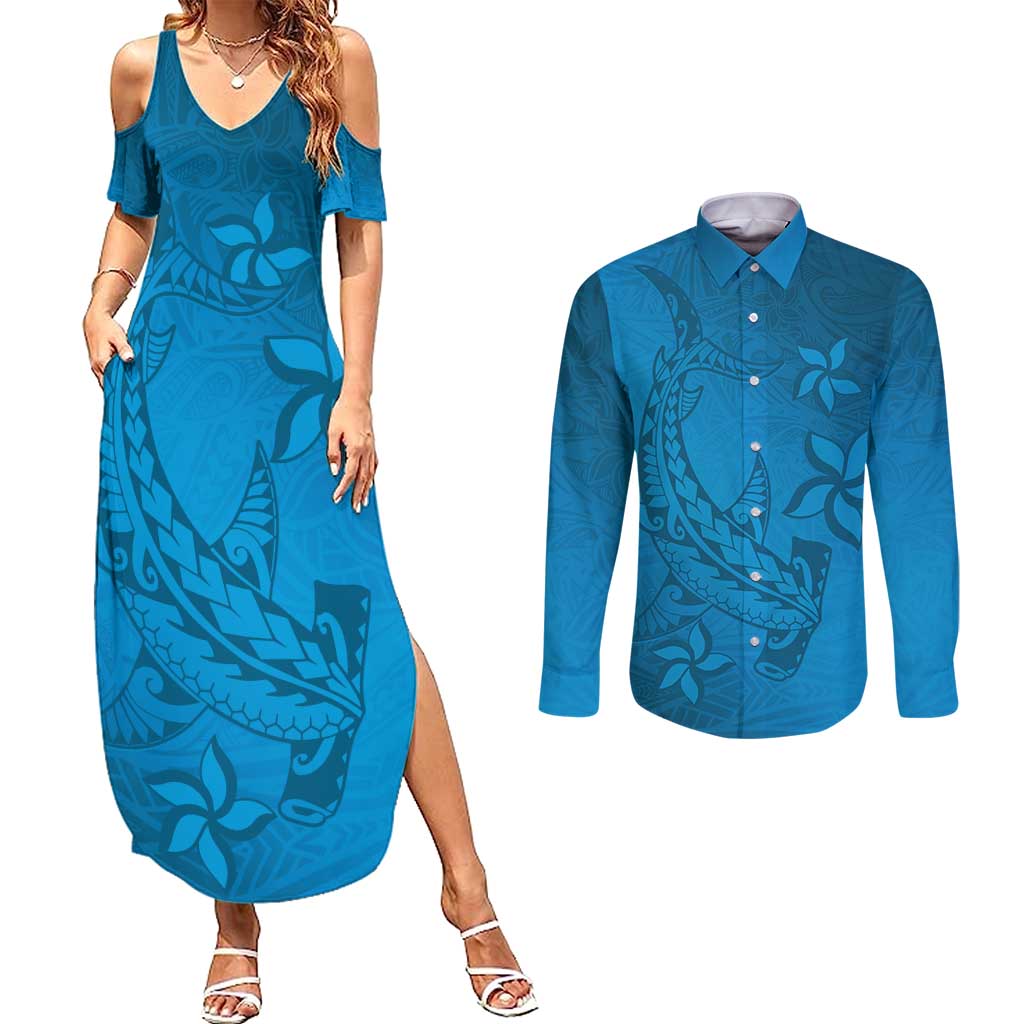 Blue Gradient Polynesia Couples Matching Summer Maxi Dress and Long Sleeve Button Shirt Hawaiian Tribal Hammerhead Shark Tattoo