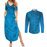 Blue Gradient Polynesia Couples Matching Summer Maxi Dress and Long Sleeve Button Shirt Hawaiian Tribal Hammerhead Shark Tattoo