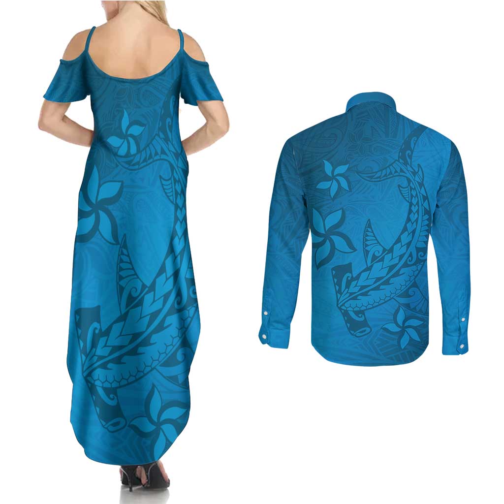 Blue Gradient Polynesia Couples Matching Summer Maxi Dress and Long Sleeve Button Shirt Hawaiian Tribal Hammerhead Shark Tattoo