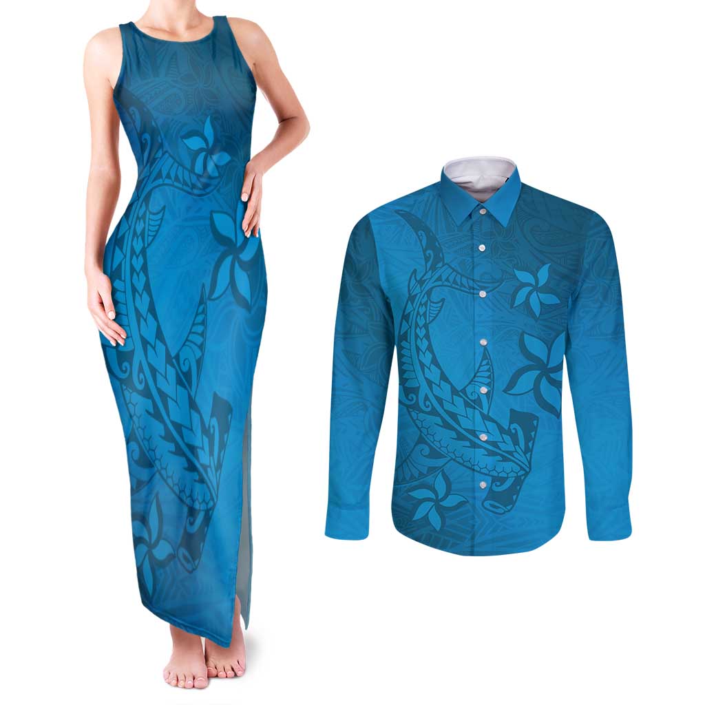 Blue Gradient Polynesia Couples Matching Tank Maxi Dress and Long Sleeve Button Shirt Hawaiian Tribal Hammerhead Shark Tattoo