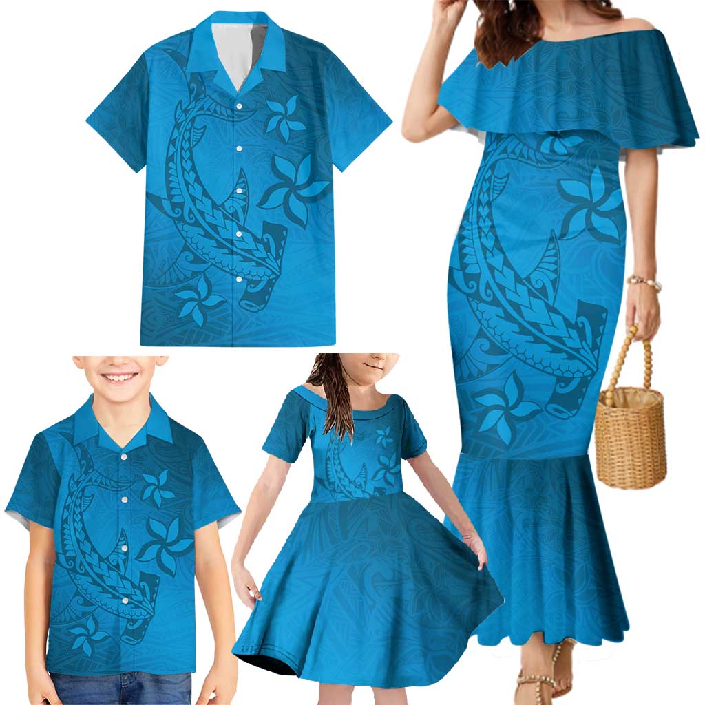 Blue Gradient Polynesia Family Matching Mermaid Dress and Hawaiian Shirt Hawaiian Tribal Hammerhead Shark Tattoo LT14 - Polynesian Pride