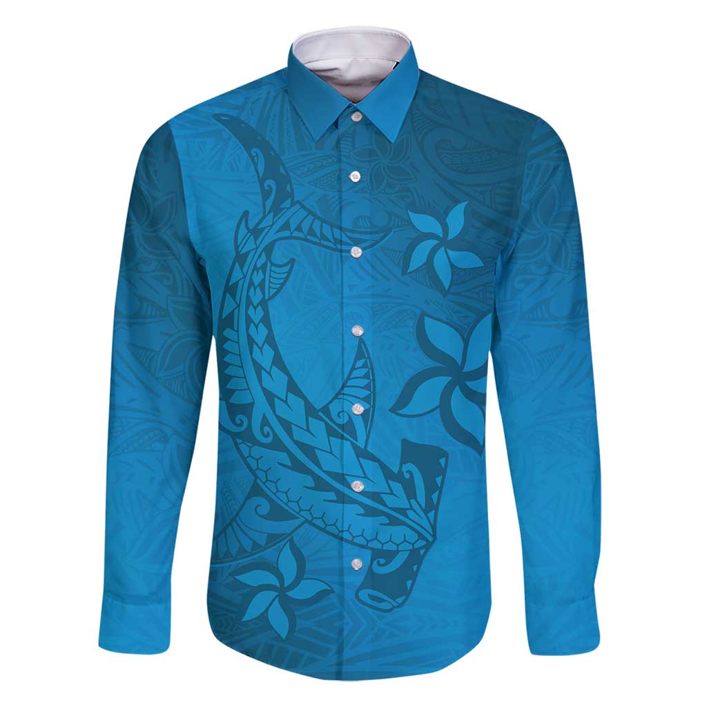 Blue Gradient Polynesia Family Matching Mermaid Dress and Hawaiian Shirt Hawaiian Tribal Hammerhead Shark Tattoo LT14 Dad's Shirt - Long Sleeve Blue - Polynesian Pride