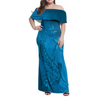 Blue Gradient Polynesia Family Matching Off Shoulder Maxi Dress and Hawaiian Shirt Hawaiian Tribal Hammerhead Shark Tattoo LT14 Mom's Dress Blue - Polynesian Pride
