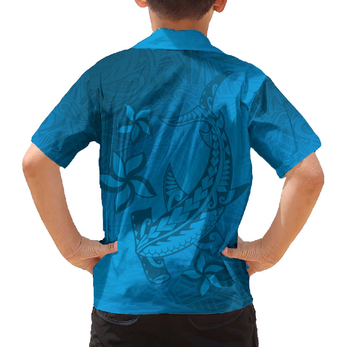 Blue Gradient Polynesia Family Matching Off Shoulder Short Dress and Hawaiian Shirt Hawaiian Tribal Hammerhead Shark Tattoo LT14 - Polynesian Pride