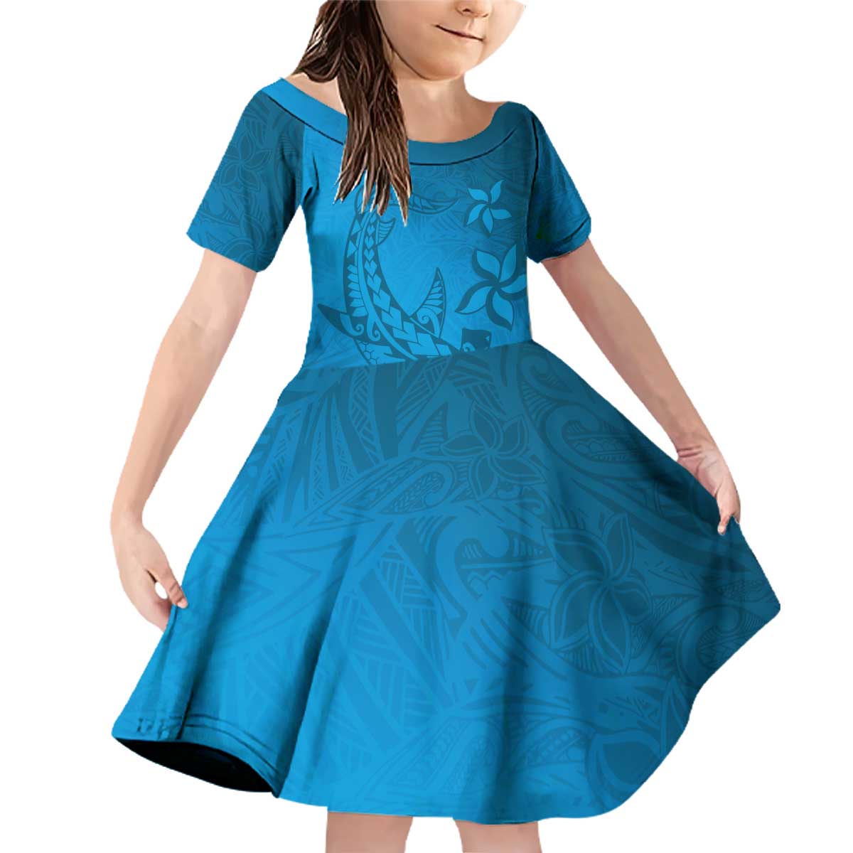 Blue Gradient Polynesia Family Matching Off Shoulder Short Dress and Hawaiian Shirt Hawaiian Tribal Hammerhead Shark Tattoo LT14 Daughter's Dress Blue - Polynesian Pride