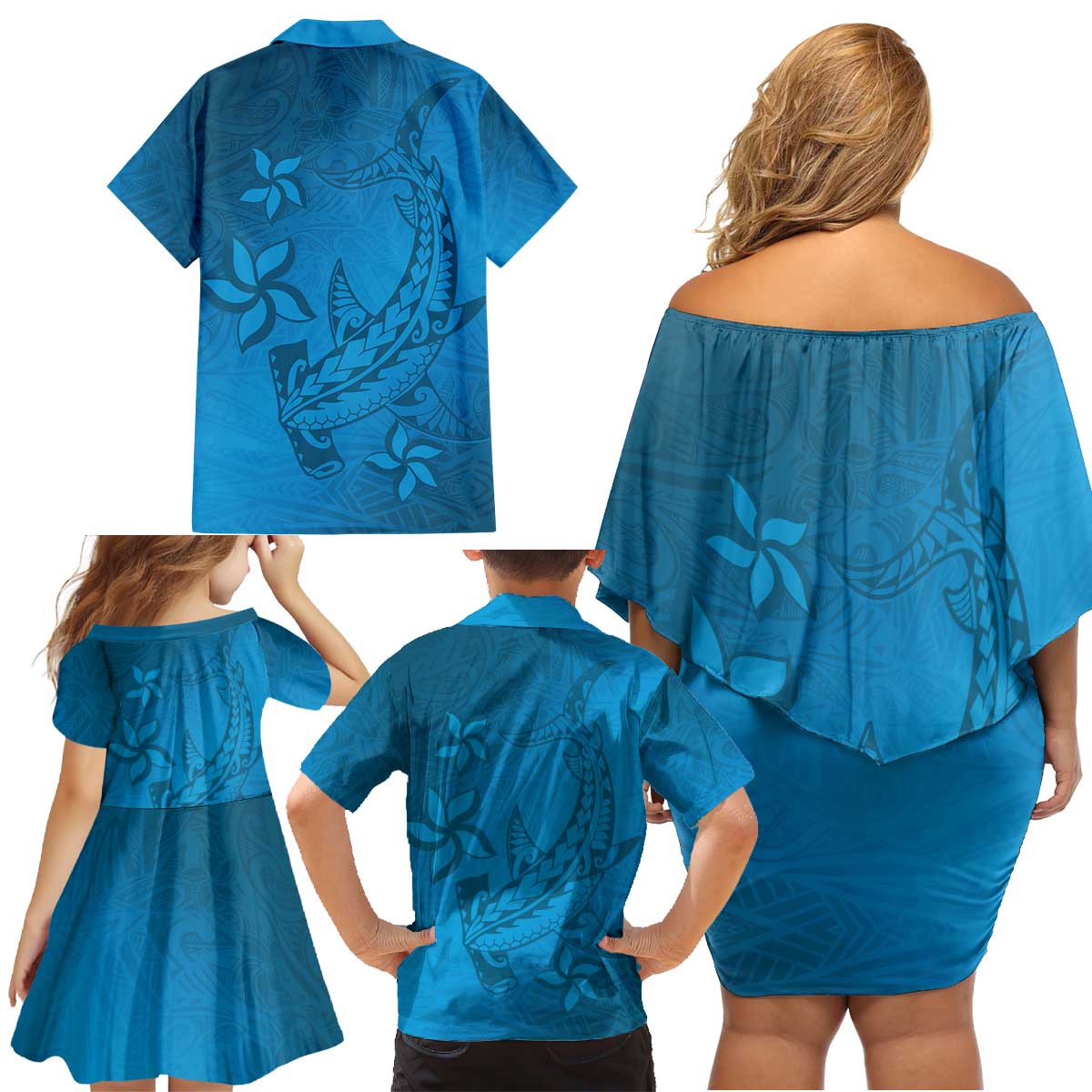Blue Gradient Polynesia Family Matching Off Shoulder Short Dress and Hawaiian Shirt Hawaiian Tribal Hammerhead Shark Tattoo LT14 - Polynesian Pride