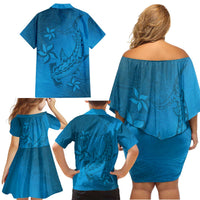 Blue Gradient Polynesia Family Matching Off Shoulder Short Dress and Hawaiian Shirt Hawaiian Tribal Hammerhead Shark Tattoo LT14 - Polynesian Pride