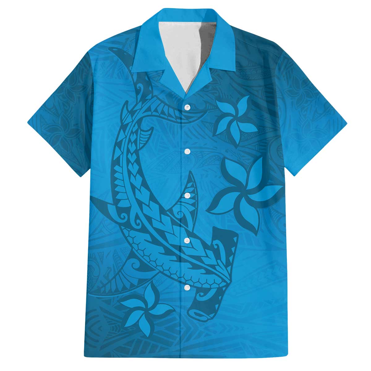 Blue Gradient Polynesia Family Matching Off Shoulder Short Dress and Hawaiian Shirt Hawaiian Tribal Hammerhead Shark Tattoo LT14 Dad's Shirt - Short Sleeve Blue - Polynesian Pride
