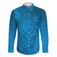 Blue Gradient Polynesia Family Matching Off Shoulder Short Dress and Hawaiian Shirt Hawaiian Tribal Hammerhead Shark Tattoo LT14 Dad's Shirt - Long Sleeve Blue - Polynesian Pride