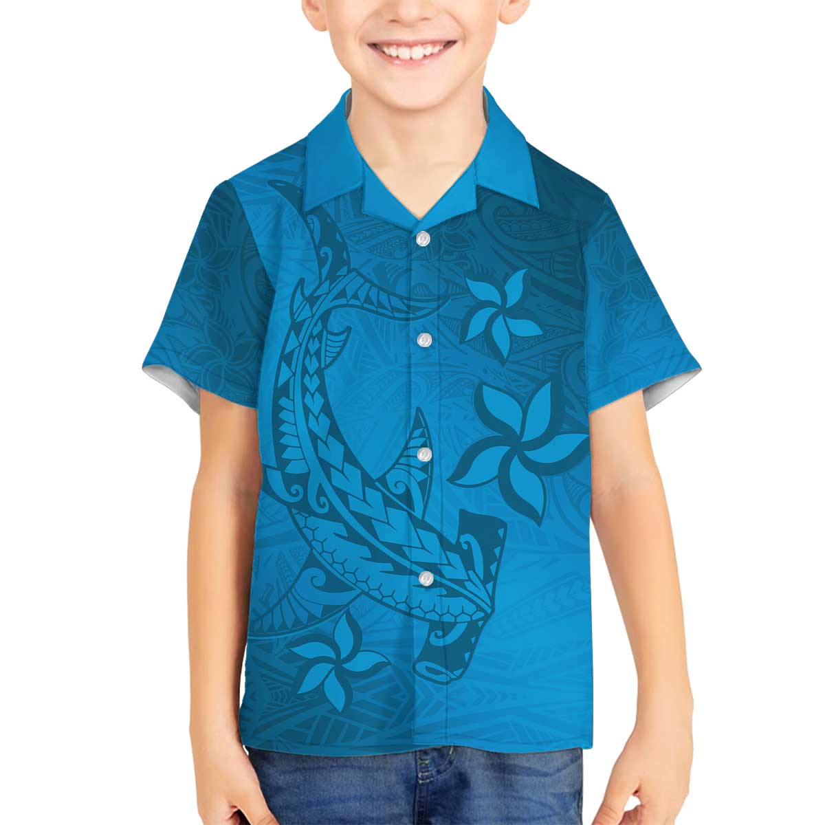 Blue Gradient Polynesia Family Matching Off Shoulder Short Dress and Hawaiian Shirt Hawaiian Tribal Hammerhead Shark Tattoo LT14 Son's Shirt Blue - Polynesian Pride