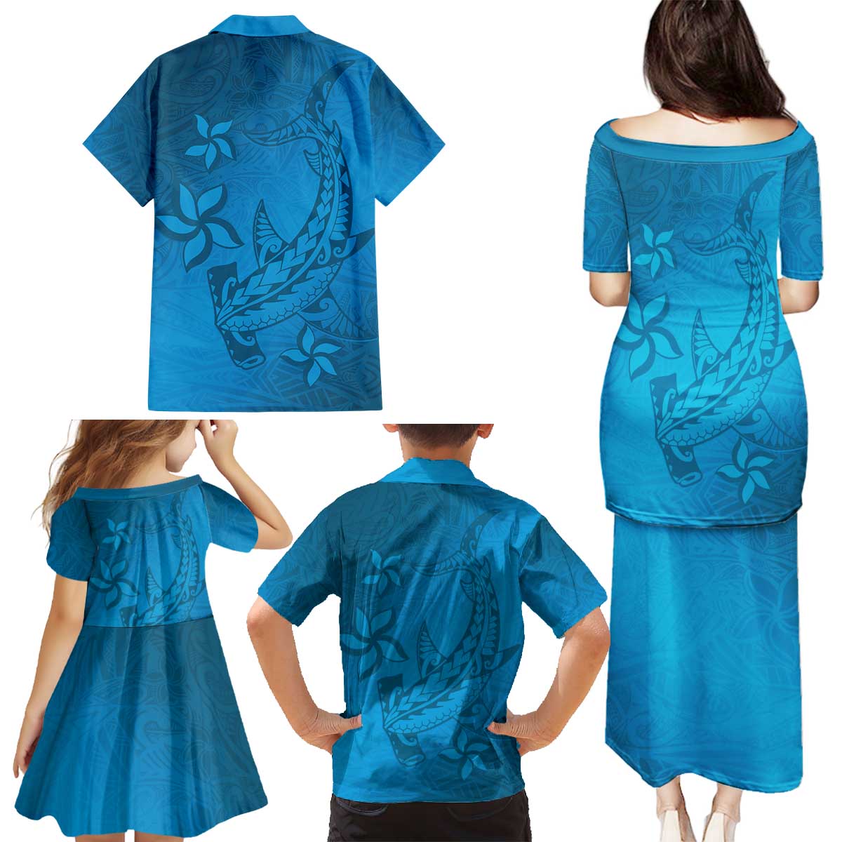 Blue Gradient Polynesia Family Matching Puletasi and Hawaiian Shirt Hawaiian Tribal Hammerhead Shark Tattoo LT14 - Polynesian Pride