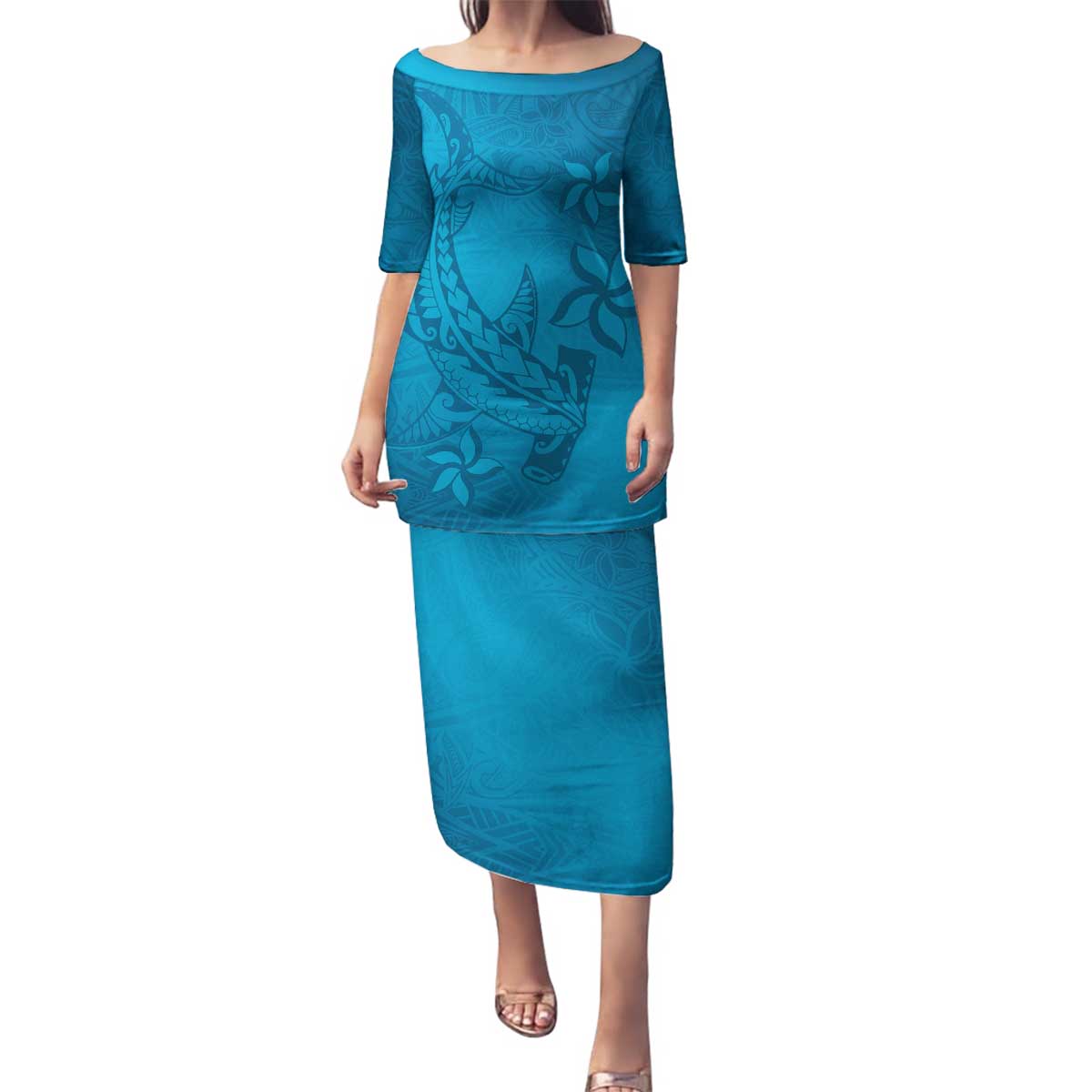 Blue Gradient Polynesia Family Matching Puletasi and Hawaiian Shirt Hawaiian Tribal Hammerhead Shark Tattoo LT14 Mom's Dress Blue - Polynesian Pride