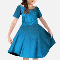 Blue Gradient Polynesia Family Matching Summer Maxi Dress and Hawaiian Shirt Hawaiian Tribal Hammerhead Shark Tattoo LT14 Daughter's Dress Blue - Polynesian Pride
