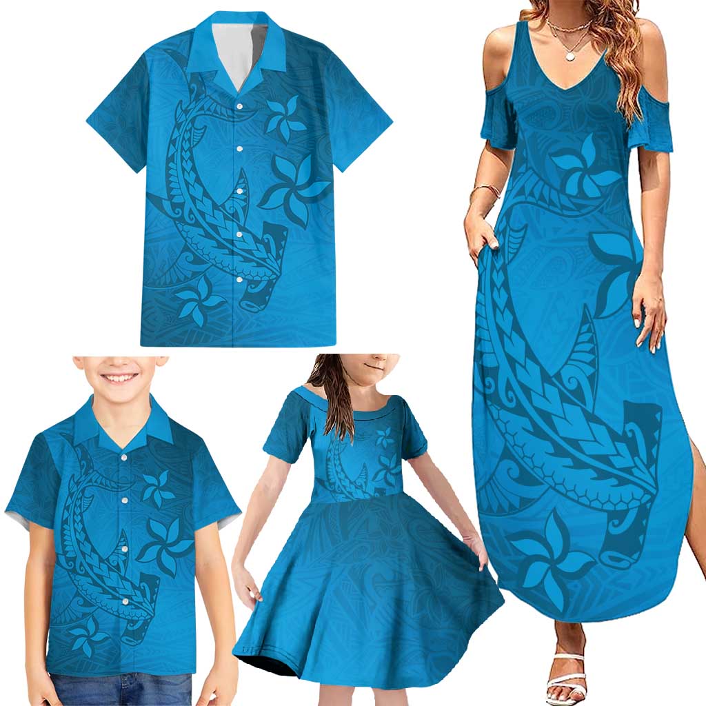 Blue Gradient Polynesia Family Matching Summer Maxi Dress and Hawaiian Shirt Hawaiian Tribal Hammerhead Shark Tattoo LT14 - Polynesian Pride