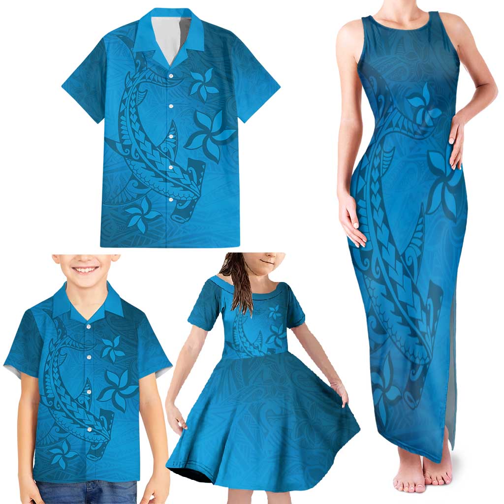 Blue Gradient Polynesia Family Matching Tank Maxi Dress and Hawaiian Shirt Hawaiian Tribal Hammerhead Shark Tattoo LT14 - Polynesian Pride