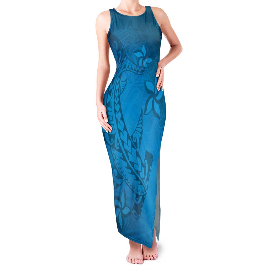 Blue Gradient Polynesia Family Matching Tank Maxi Dress and Hawaiian Shirt Hawaiian Tribal Hammerhead Shark Tattoo LT14 Mom's Dress Blue - Polynesian Pride