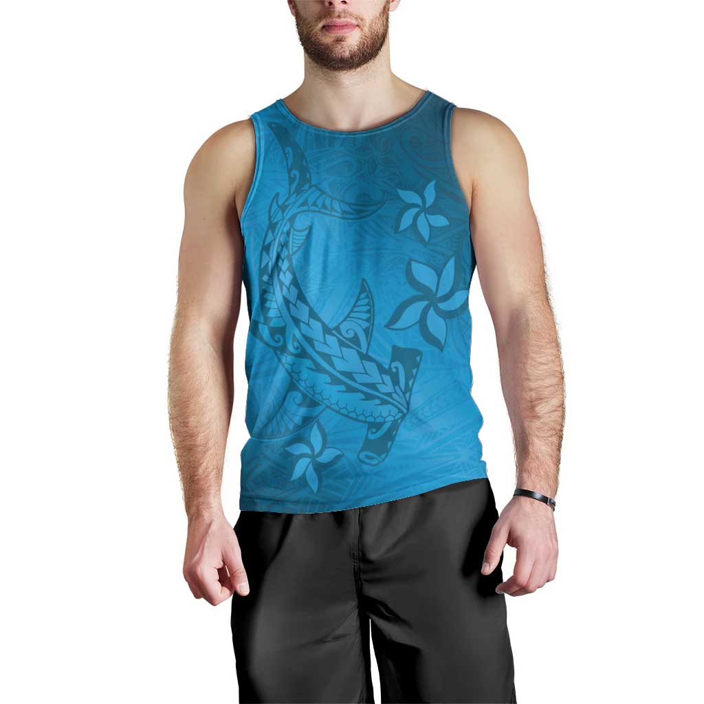 Blue Gradient Polynesia Men Tank Top Hawaiian Tribal Hammerhead Shark Tattoo
